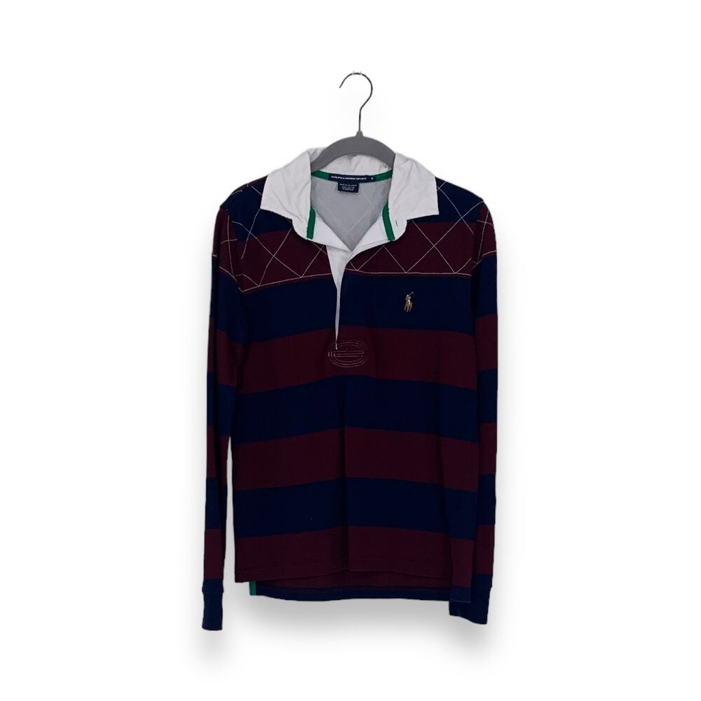 Ralph Lauren Sport Maroon Navy Blue Y2K Striped Long Sleeve Rugby Polo Shirt